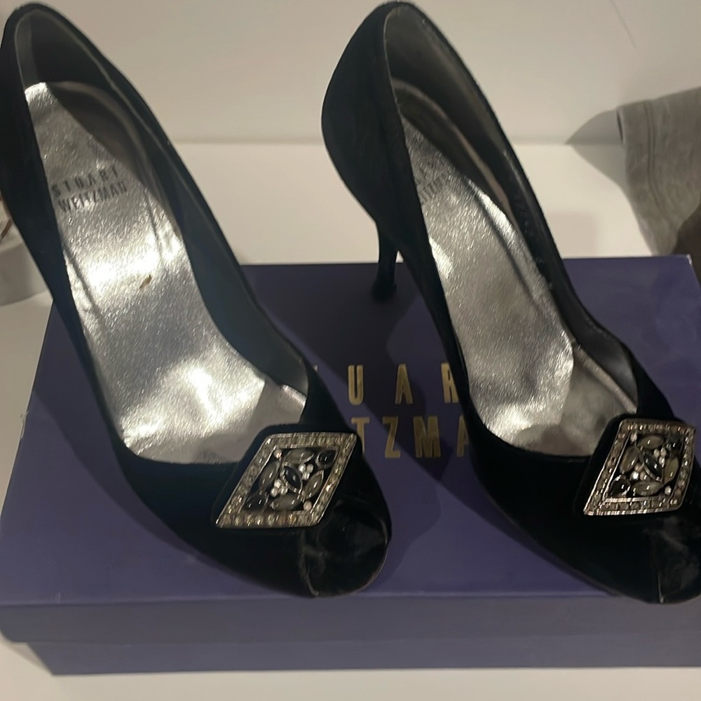 Stewart Weitzman velvet pumps, peep toe